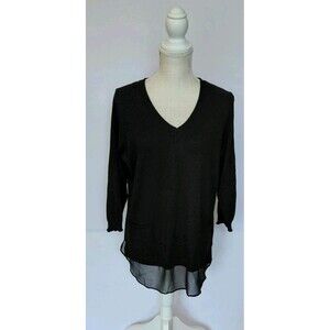 NWT Roz & Ali Black Pullover Sweater w/Sheer Under Layer and Back Split Size XL
